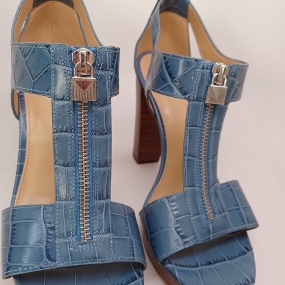 Michael Kors Heels Blue Leather Zip Front Platform Sandals Berkley Womens 7 - Picture 5 of 15